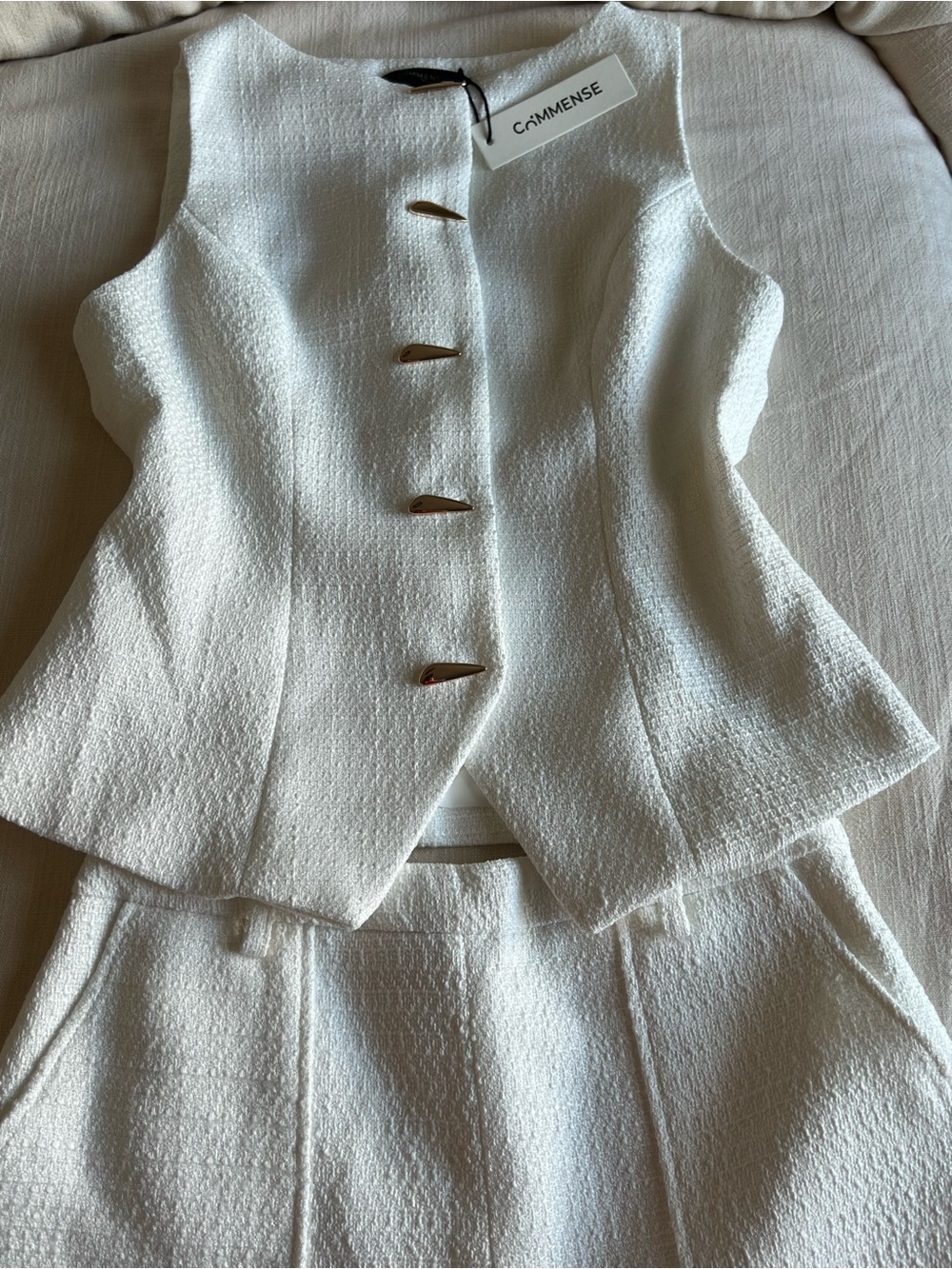 Commense tweed Sleeveless Textured Top with Shorts and Gold Buttons - Picture 5 of 9